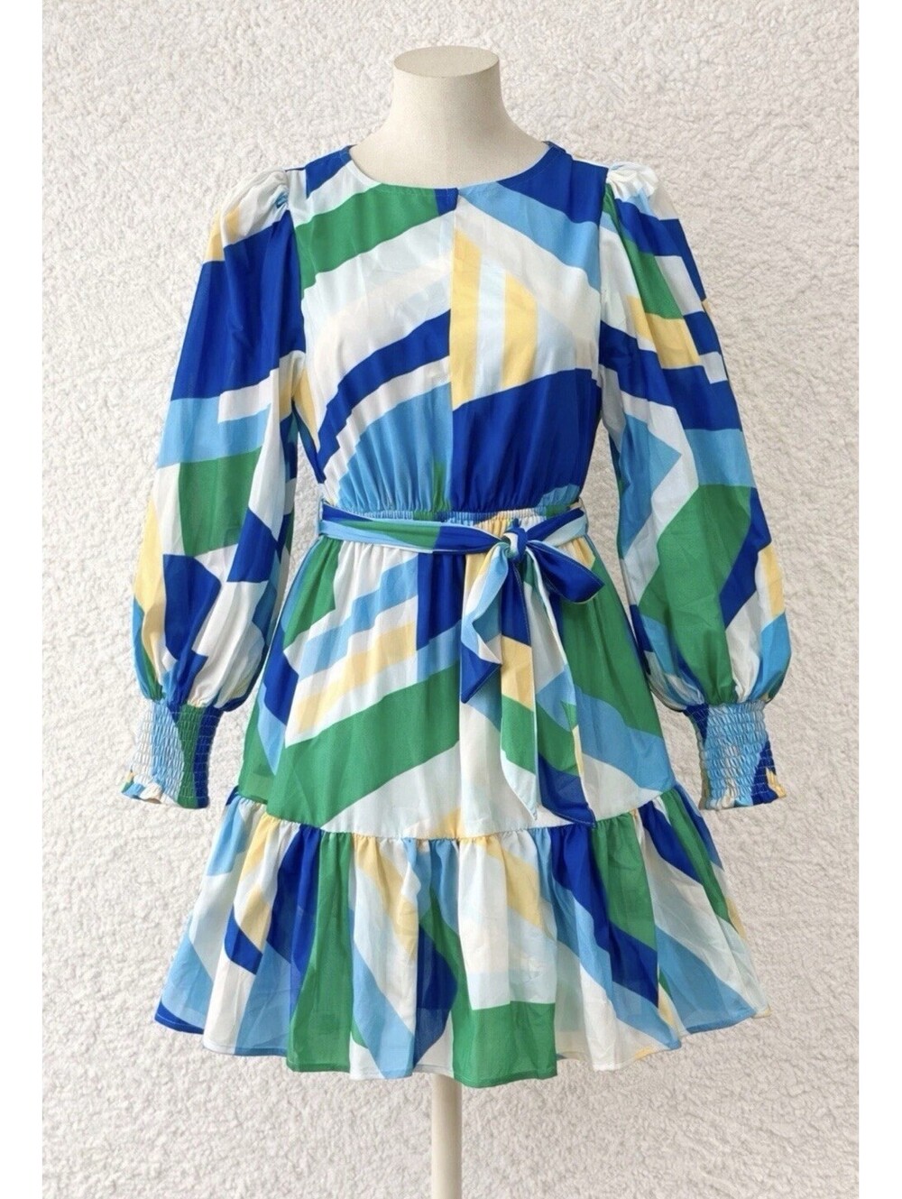 Flying Tomato Women’s M Blue Green Abstract Print Round Neck Mini Dress Boho